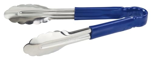 Winco 9" Blue Plastic Serving Tongs - Heavy-Duty, Scalloped Edges for Buffets & Salads