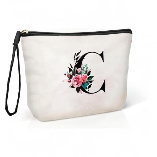Personalized Floral Initial Makeup Bag for Women - Travel Cosmetic Pouch, White