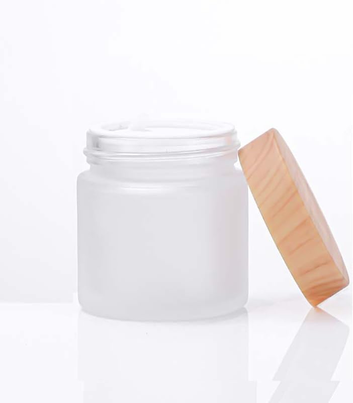 White Frosted Glass Cosmetic Jars 100g Refillable Containers with Wood Grain Lids - Travel Size