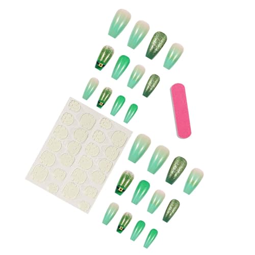 GCSQW St. Patrick's Day Glitter Nails - 11 Glitter Design Fake Coffin Nails, Green Gradient with Hat, Press-On 24pcs