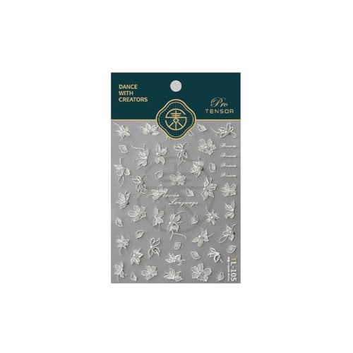 OHWODA Style2 White Flower Holographic 5D Embossed Nail Stickers with Pearls