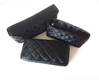 Makeup Bags Set of 3 – Black Satin Quilted Cosmetic Organizer