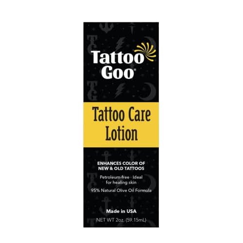 Tattoo Goo Tattoo Care Lotion, 2 oz, Soothes Itch & Irritation, Hydrate & Preserve Color, Non-Greasy Moisturizer, Aftercare Lotion with Olive Oil & Panthenol, No Petroleum or Mineral Oil
