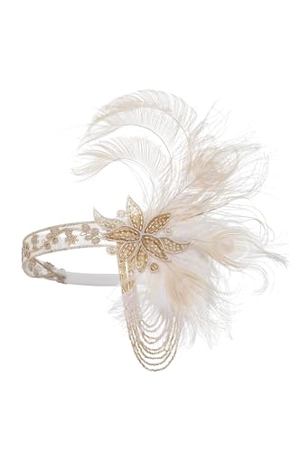 Beige Flapper Headpiece for Women - 1920s Gatsby Feather Headband