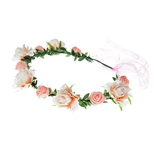 June Bloomy Coral Rose Flower Headband Women Floral Crown Wreath - Handmade, Adjustable, Light & Comfortable