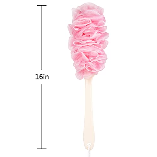 Arswin 2 Pack Pink Long Handle Loofah Back Scrubber for Shower, Soft Nylon Mesh Bath Brush for Women & Men