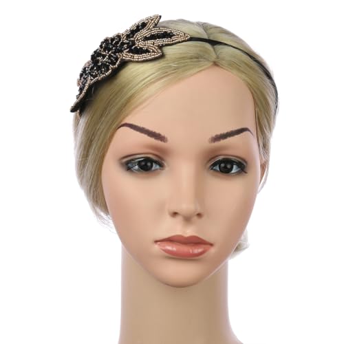 Black Vintage Beaded 1920s Flapper Headband for Women Bridal Party Looks