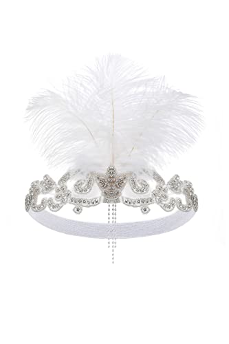 BABEYOND White 1920s Flapper Headband with Feathers & Crystals - Gatsby Costume Accessory