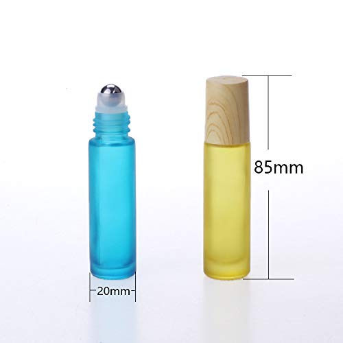 Furnido Pink Frosted Essential Oil Roller Bottles 10ml, 5 Pack with Stainless Steel Rollers & Wood Grain Lids