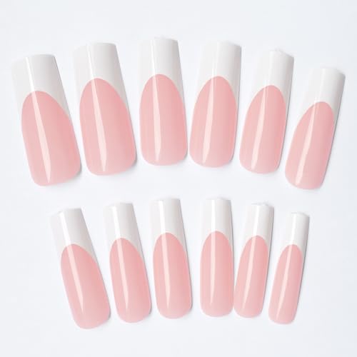 120ct White French Tip Press-On Nails Kit - Long Square Nude w/ White Tips & Adhesive Tabs