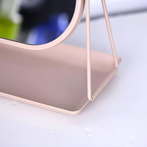 Pink Rotating Metal Makeup Mirror with Storage - 360° Swivel Vanity Mirror