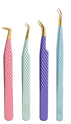 HADIZ Combination Fiber Tip Tweezers Set of 4 - Japanese Stainless Steel Lash Tweezers for Eyelash Extensions