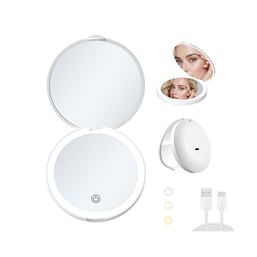 CORROY White 1x/2x LED Travel Makeup Mirror Compact with Light, Dimmable & Rechargeable, Pocket Size for Handbags & Gifts