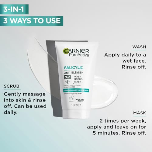Garnier Skin Naturals Pure 3-in-1 Face Wash, Scrub, and Mask - 150ml