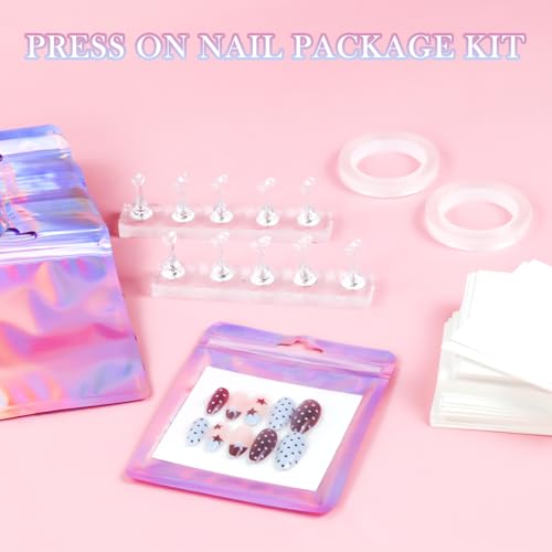 Press-On Nail Stand & Packaging Bag Set - 50 PCS Aurora Pink Storage Kit