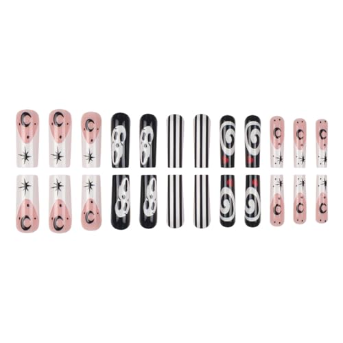 Halloween Nails Set - 24 Long Square Fake Nail Tips with Ghost & Moon Designs - Variation 5