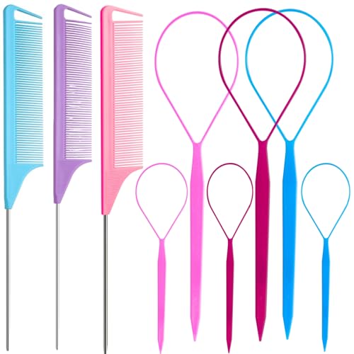 Topsy Tail Hair Tool Set 9pc — Rat Tail Combs & Loop Styling Tools for Women & Girls