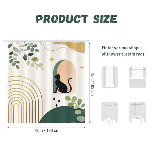 Dazzlewall Boho Black Cat Shower Curtain - 72x72 in, Water-Resistant