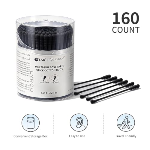 T&K Black Cotton Swabs 160 Ct - Dual Tips Ear & Makeup Cleaning Kit