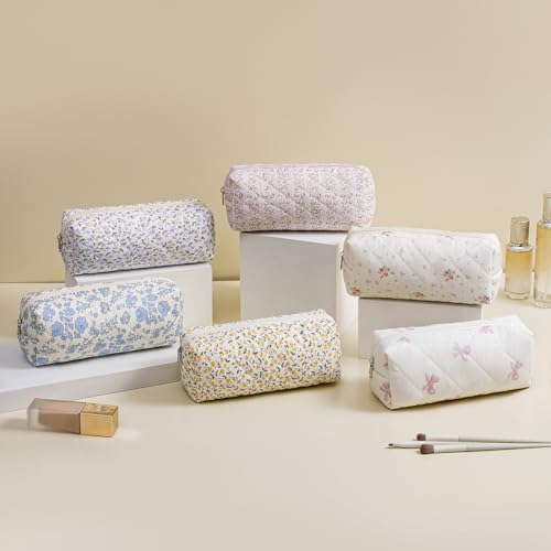 Two Pack Floral Cotton Makeup Bags for Women - Pink & Blue Travel Cosmetic Organizer