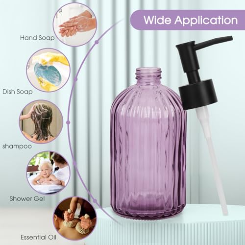 Topsky 2 Pack Purple Glass Soap Dispensers with Black Plastic Pump, 400ml Liquid Hand Soap Dispenser for Kitchen & Bathroom