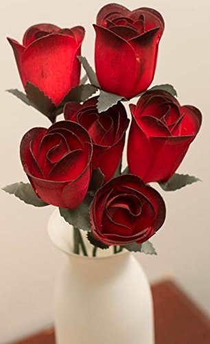 6 Red Wooden Roses with Black Tips - Half Open Bud Craft Flowers