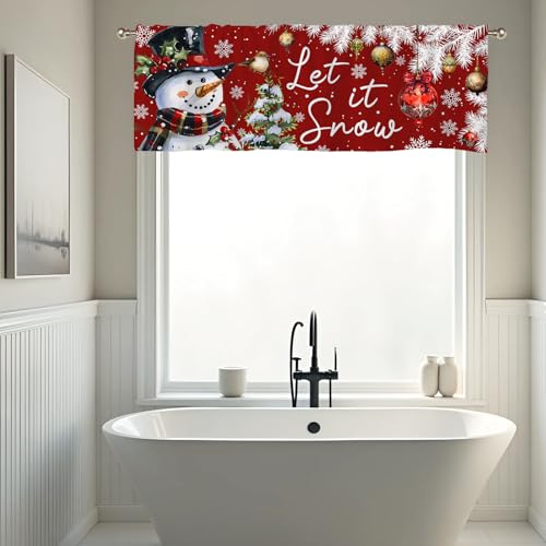 Snowman Christmas Valance Curtains - 51x18 Red Drapes for Windows