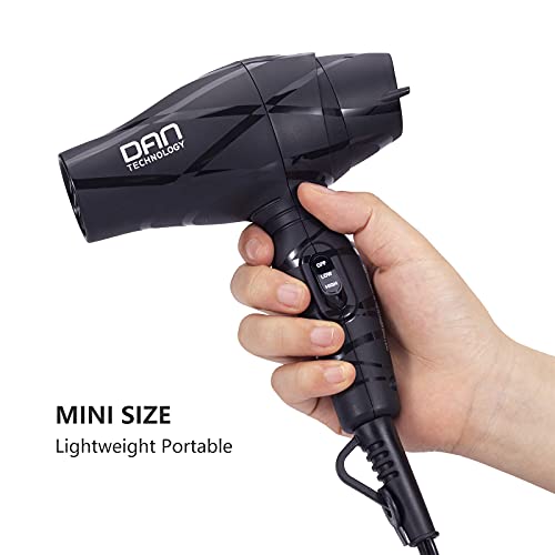 DAN Technology Mini Portable Hair Dryer - Lightweight Blow Dryer with Concentrator & Diffuser, Black