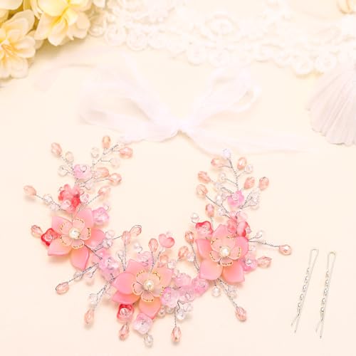 Urieo Pink Flower Crown Headband for Girls - Wedding Hair Accessory