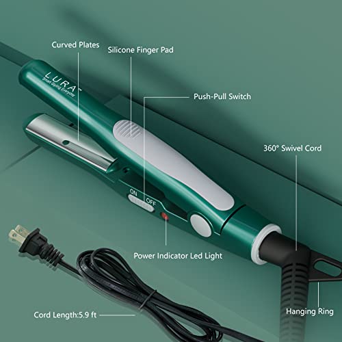 LURA Green Nano Titanium Curved Flat Iron for Short Hair - Compact Travel Styling Tool
