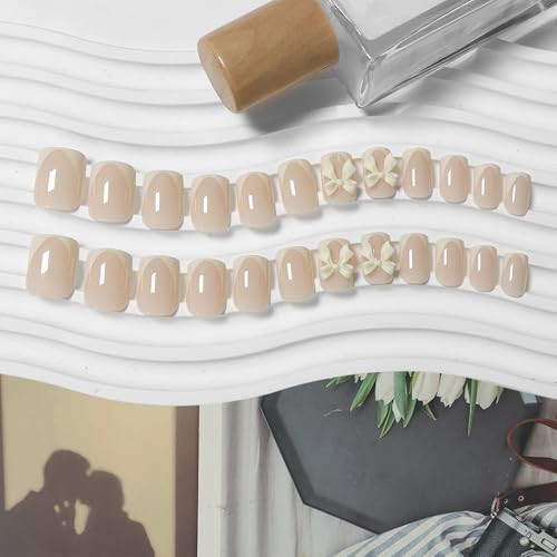 VOTACOS Milky Yellow French Tip Press On Nails Short Square with Bow Design 24PCS