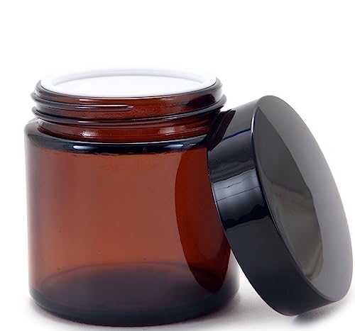 Vivaplex Amber 4 oz Round Glass Jars with Inner Liners & Black Lids - 12 Pack