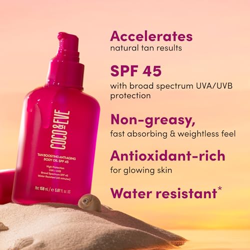 Coco & Eve Tan Boosting Anti-Aging Body Oil SPF45 - Tanning Accelerator Pump, UVA UVB Sun Protection | Moisturizing Outdoor Bronzing Enhancer with Natural Ingredients, Antioxidants (5.07 Fl Oz)