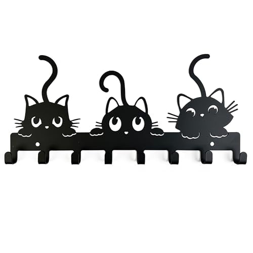YXE Metal Key Holder Wall Mount with 8 Hooks - Cat Theme Organizer
