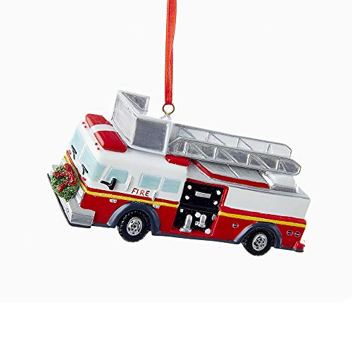 Kurt Adler Fire Truck Christmas Ornament with Wreath - 4.25 Inches