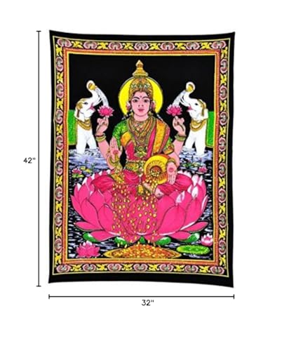 Goddess Lakshmi Cotton Tapestry Wall Hanging - 42" x 32"