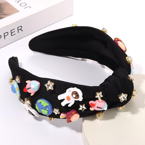 Mokkia Space Astronaut Headband for Women - Pattern A with Jeweled Saturn and Rocket Design