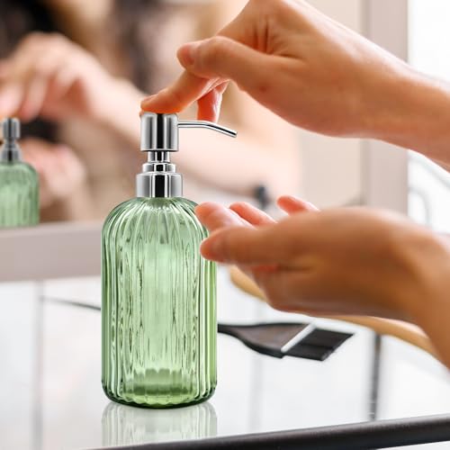 18 Oz Glass Soap Dispenser with Stainless Steel Pump - Modern Ribbed Design