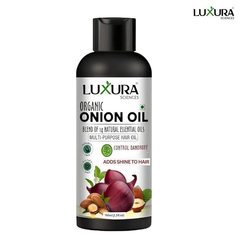 Luxura Sciences Organic Onion Hair Oil 3.38 Fl Oz - Controls Hair Loss & Dandruff, Supports Growth, Sulfate-Free