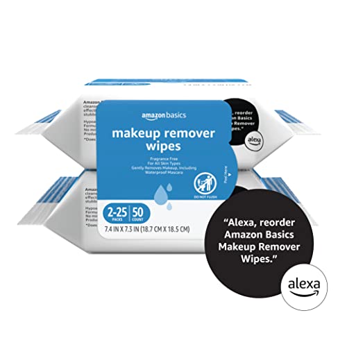 Amazon Basics Fragrance-Free Makeup Remover Wipes, 25 Count (Pack of 2) – Gentle Waterproof Mascara Removal