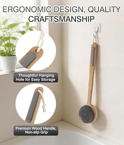 Back Scrubber for Shower - Double-Sided Silicone & Nylon Bristles with Bamboo Handle, 1PCS (Grey)