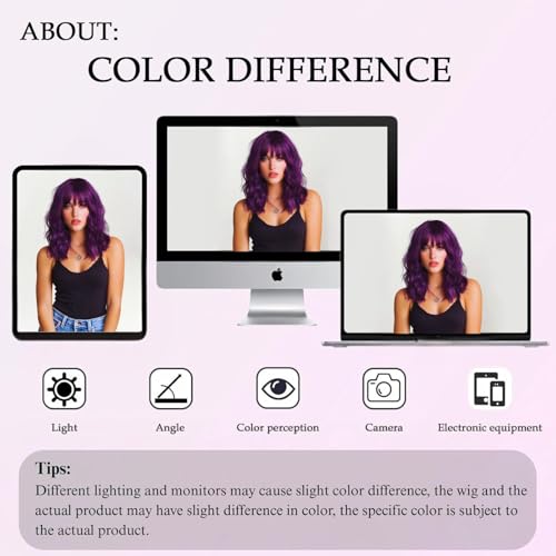 Cielo Hair 14 Inch Dark Purple Short Bob Wig with Bangs for Women & Girls