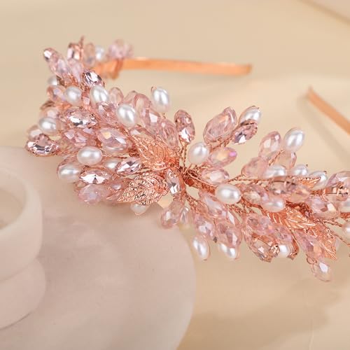 Pink Bridal Crystal Headband with Rhinestone Pearl Beads Wedding Hair Crown - Handmade Leaf Design