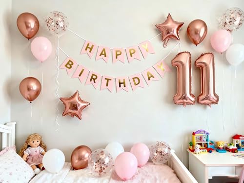 Rose Gold 11th Birthday Balloon Decorations Set for Girls