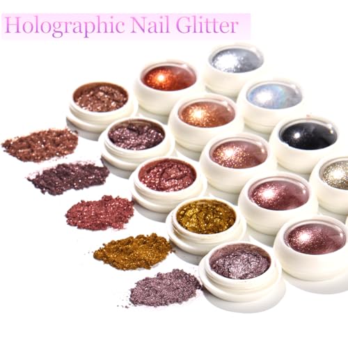 16 Jars Chrome Nail Powder Set with 8 Nail Art Brushes - Holographic Mirror Effect