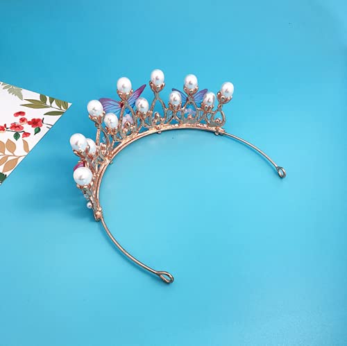 Gold Butterfly Princess Tiara Headband with Pearls & Rhinestones for Wedding Bridal Prom