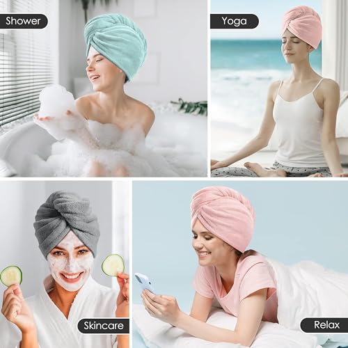TENSTARS 5 Pack Thicken Microfiber Hair Towel Wrap for Women - Elastic Loop Design - 320GSM Coral Velvet - Quick Dry Hair Turban - 11x28 Inch (Grey+Pink+Brown+FrozenBlue+FrozenBerry)
