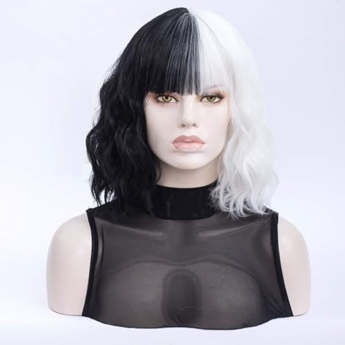 MORTICIA White and Black Short Curly Bob Wig with Bangs