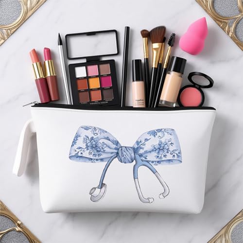 Chinoiserie Makeup Bag with Pink Bow | Blue White Floral | ARPTCN | Large Capacity Toiletry Pouch - White-026