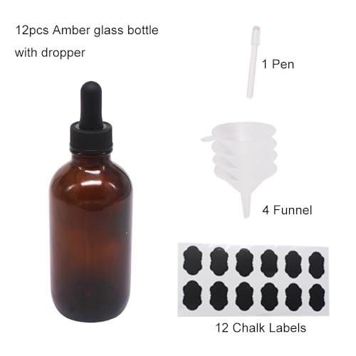 12 Pack 4oz Amber Glass Dropper Bottles - Refillable Boston Round for Oils
